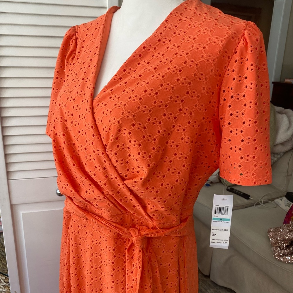 London Times Orange Eyelet Wrap Midi Dress